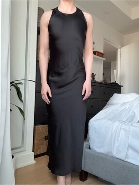 NWOT Express Black Satin Maxi Dress Sleek Elegant Evening Carolyn Bessette Chic
